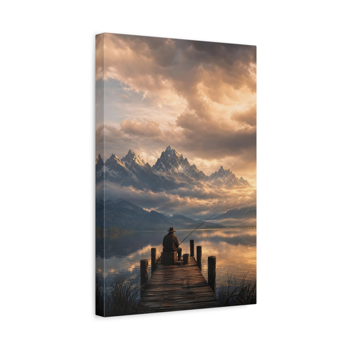 Side Mockup 4. Nature Fisherman Golden Lake Fisherman shown as stretched canvas wall art
