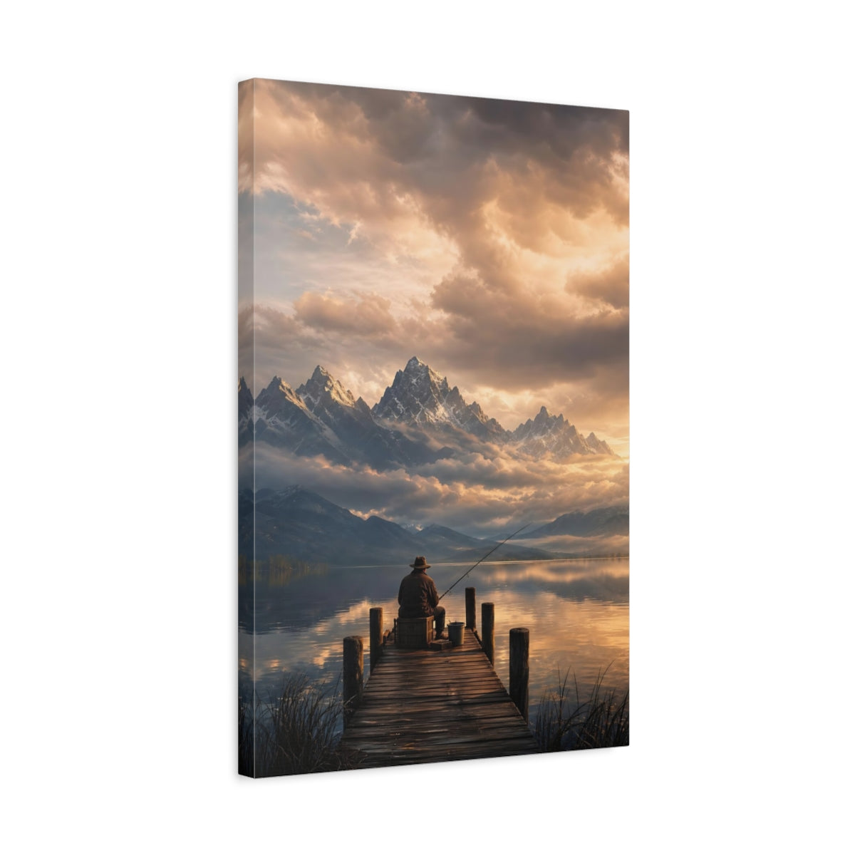 Side Mockup 3. Nature Fisherman Golden Lake Fisherman shown as stretched canvas wall art