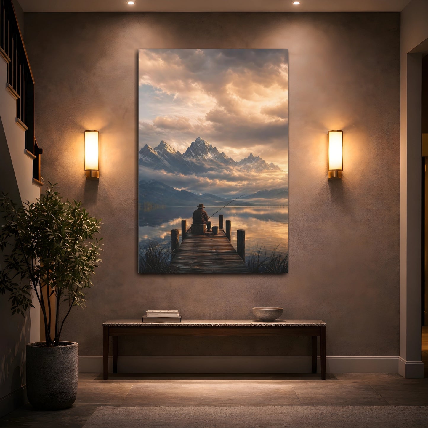 Mockup 2. Nature Fisherman Golden Lake Fisherman shown as stretched canvas wall art