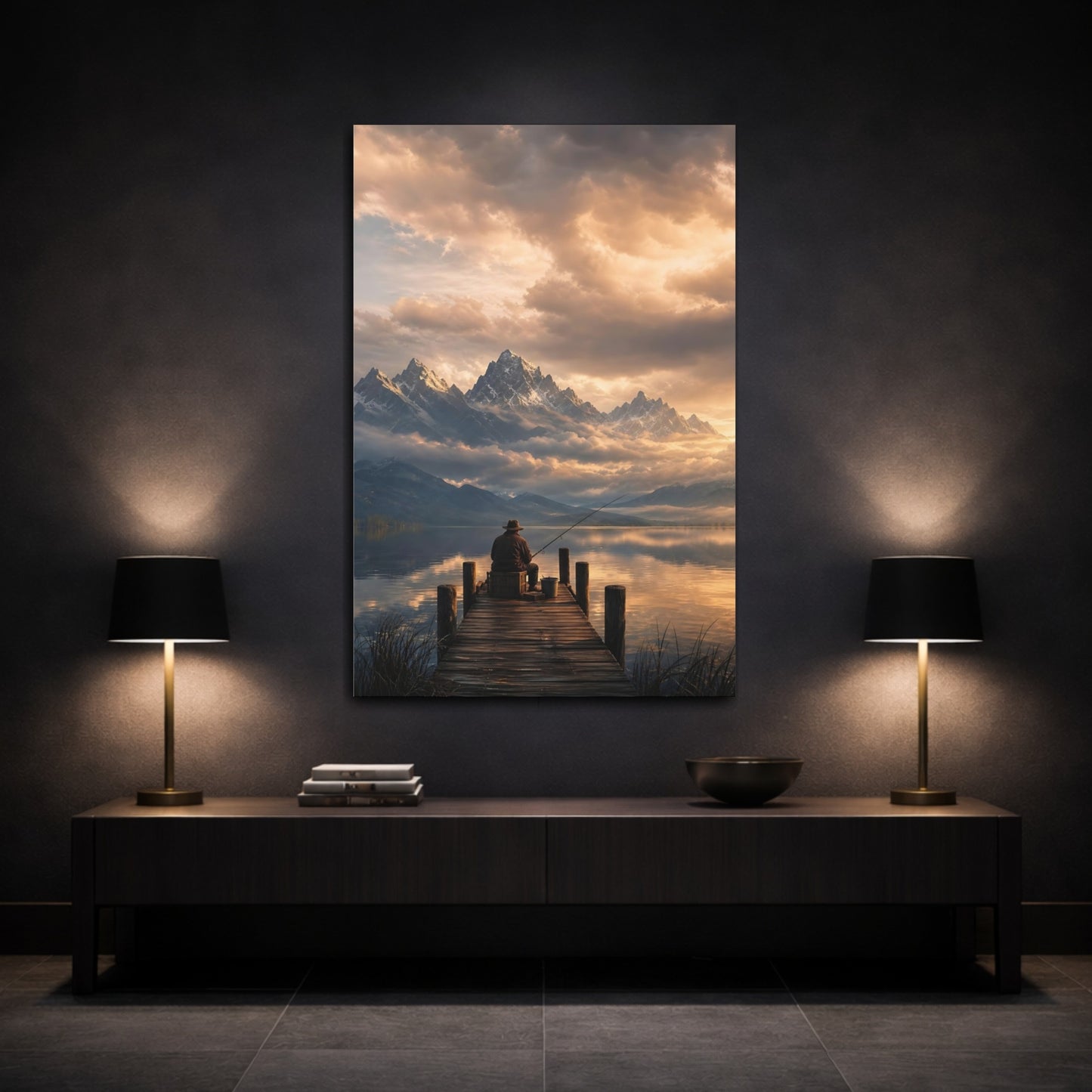 Mockup 3. Nature Fisherman Golden Lake Fisherman shown as stretched canvas wall art