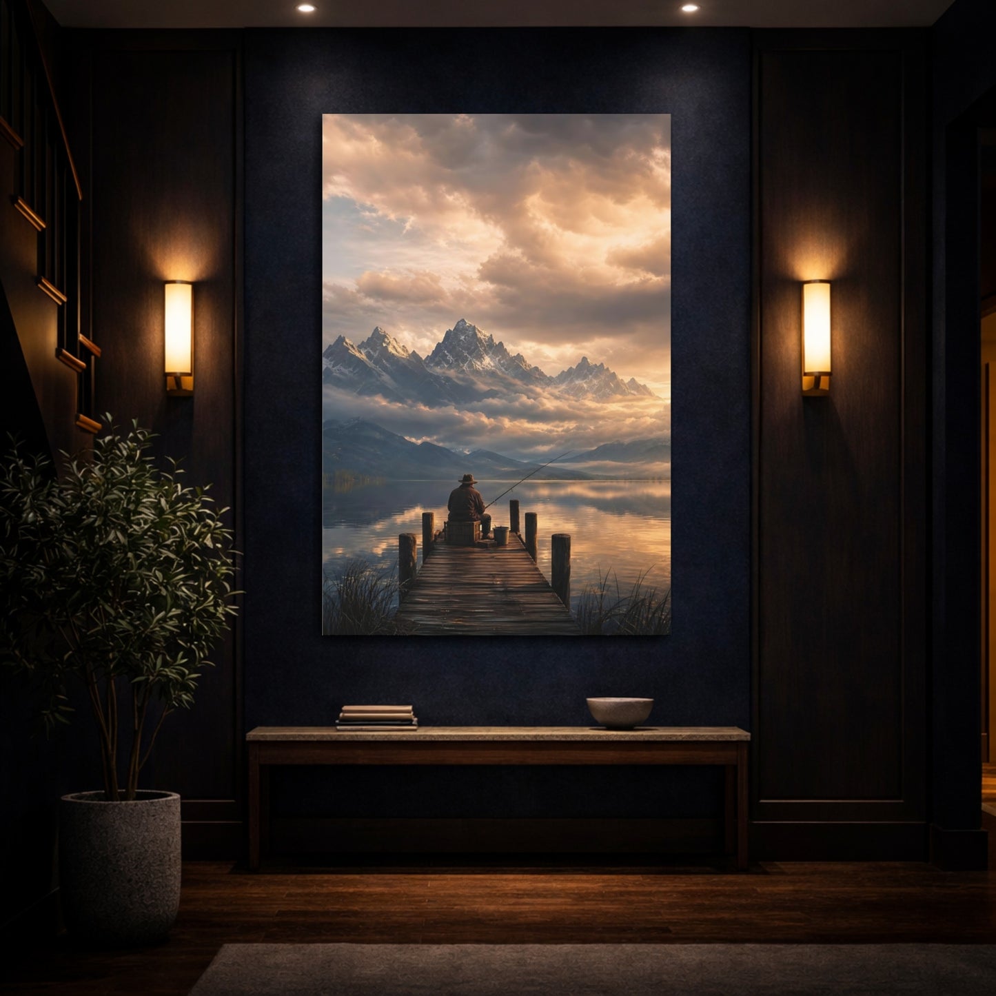 Mockup 4. Nature Fisherman Golden Lake Fisherman shown as stretched canvas wall art