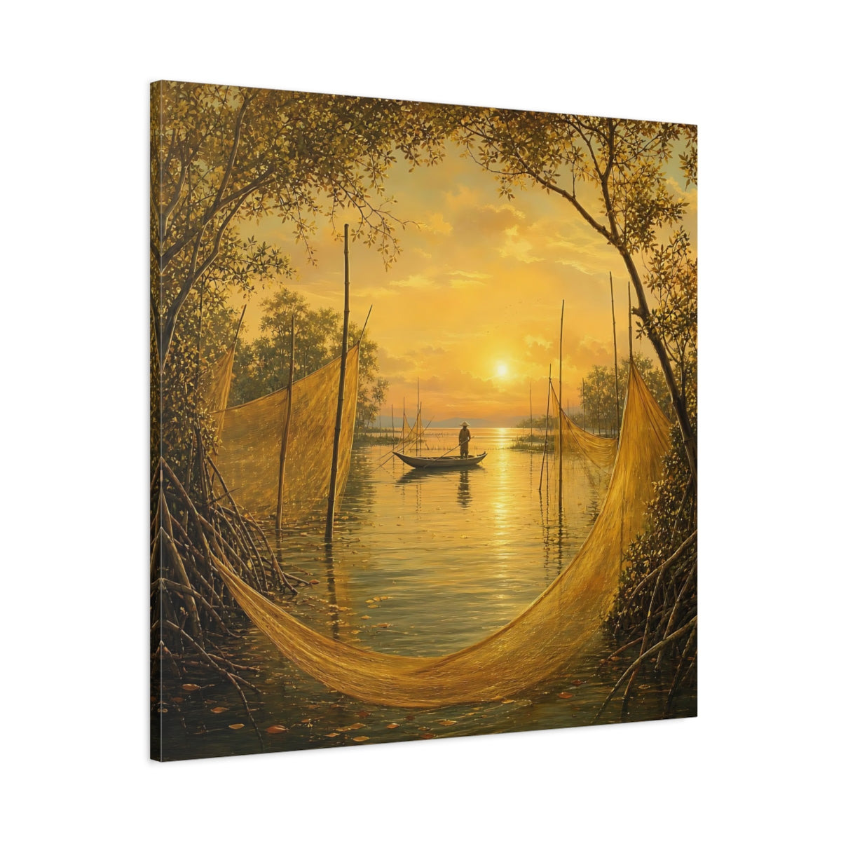 Main Mockup. Nature Fisherman Golden Sunset shown as stretched canvas wall art