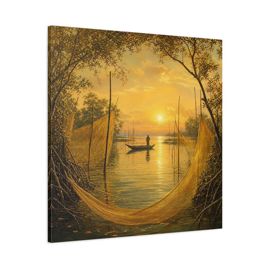 Main Mockup. Nature Fisherman Golden Sunset shown as stretched canvas wall art