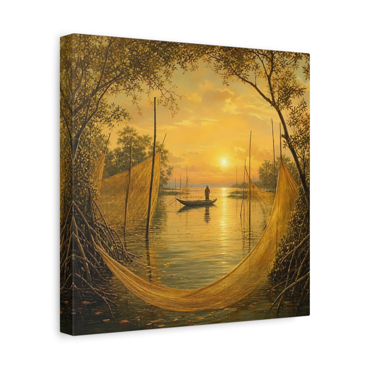 Side Mockup 8. Nature Fisherman Golden Sunset shown as stretched canvas wall art