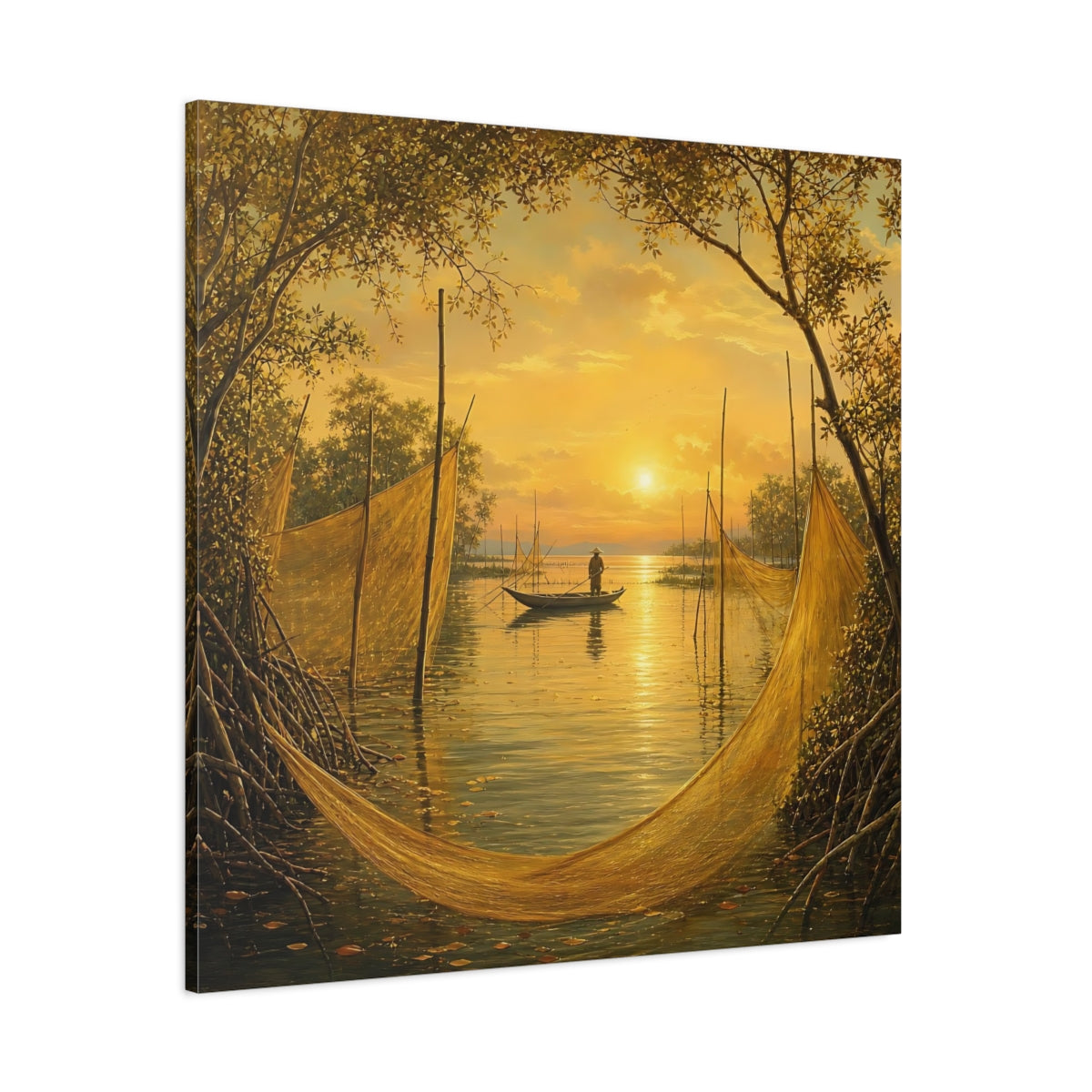 Side Mockup 1. Nature Fisherman Golden Sunset shown as stretched canvas wall art