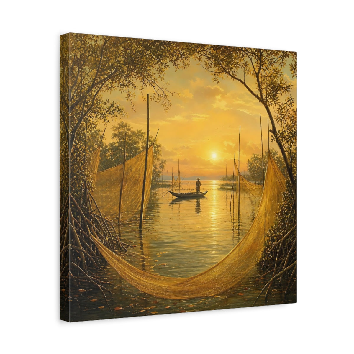 Side Mockup 6. Nature Fisherman Golden Sunset shown as stretched canvas wall art