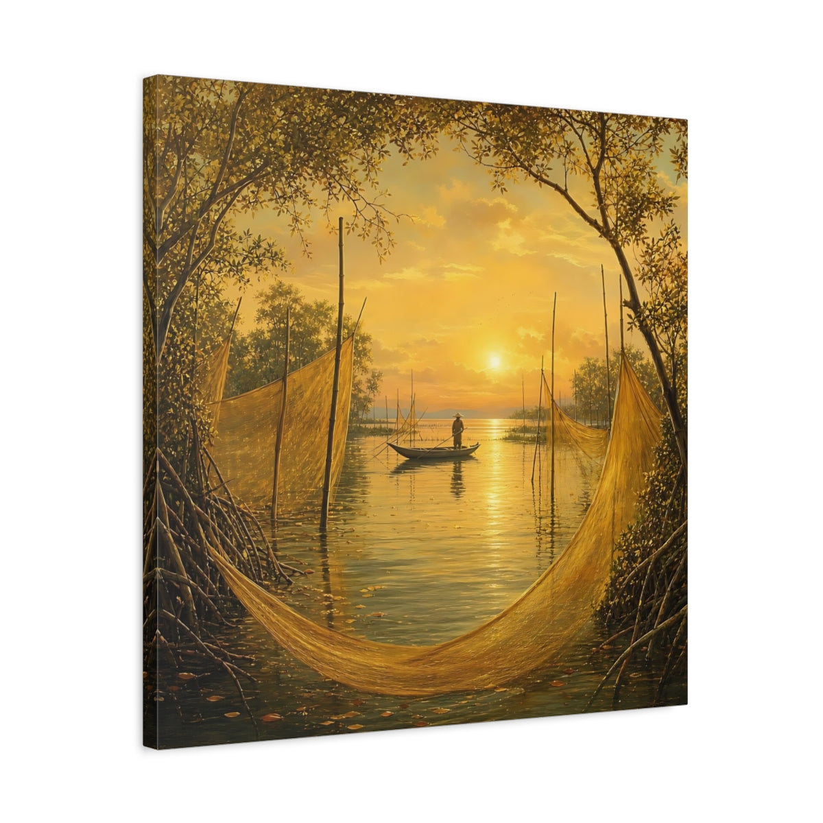 Side Mockup 4. Nature Fisherman Golden Sunset shown as stretched canvas wall art