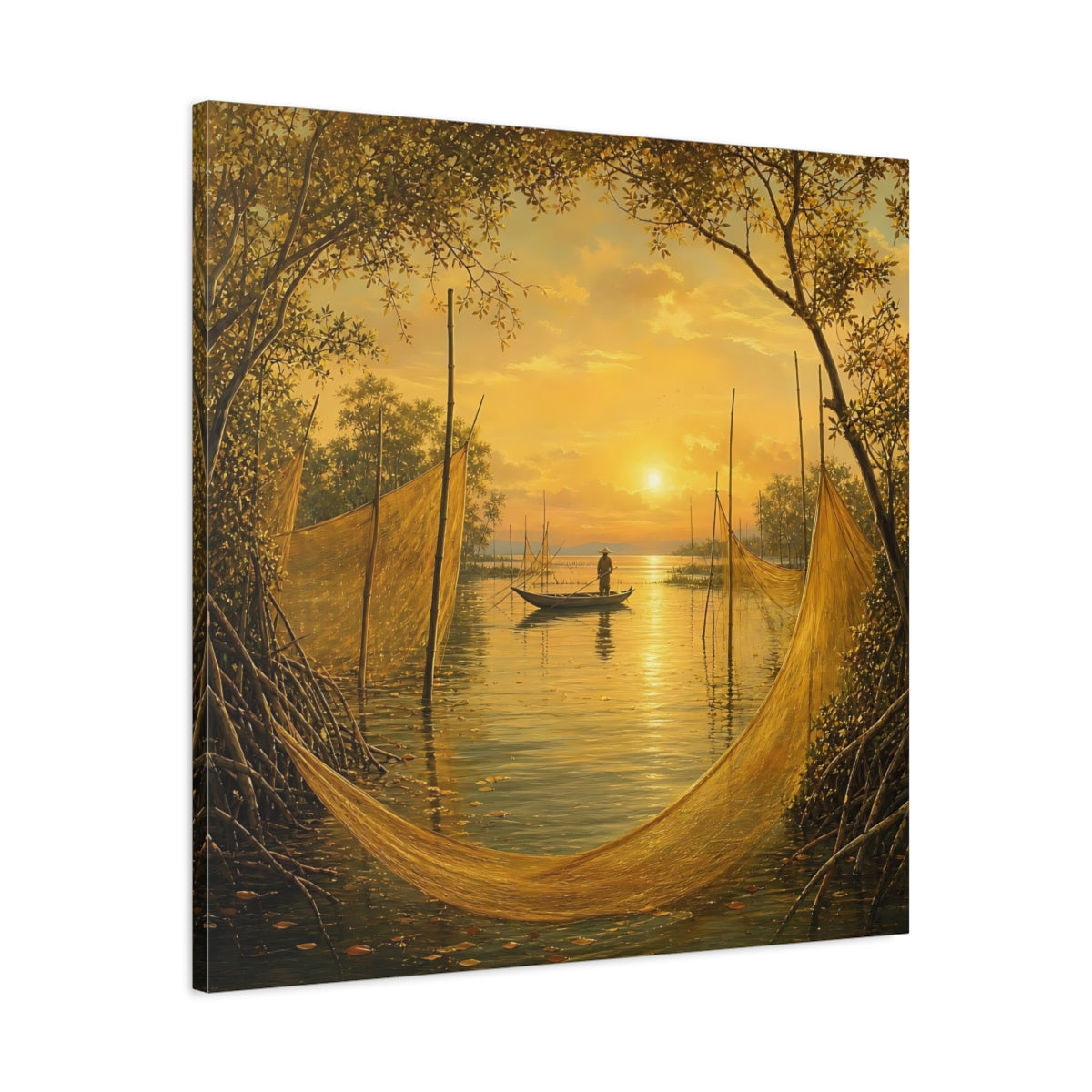 Side Mockup 3. Nature Fisherman Golden Sunset shown as stretched canvas wall art