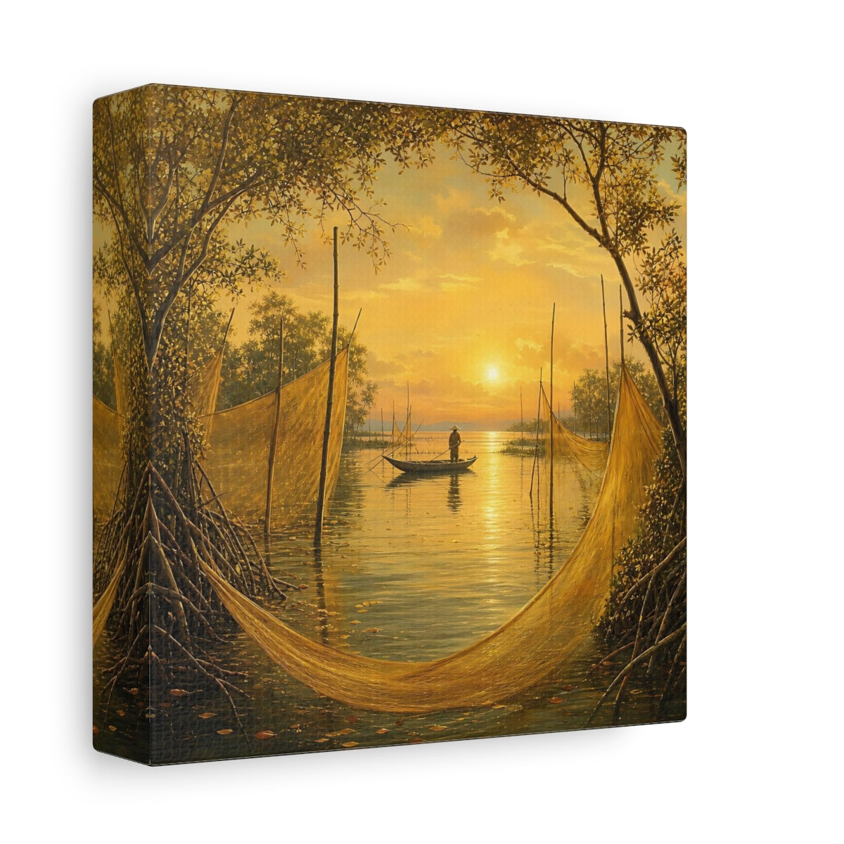 Side Mockup 2. Nature Fisherman Golden Sunset shown as stretched canvas wall art