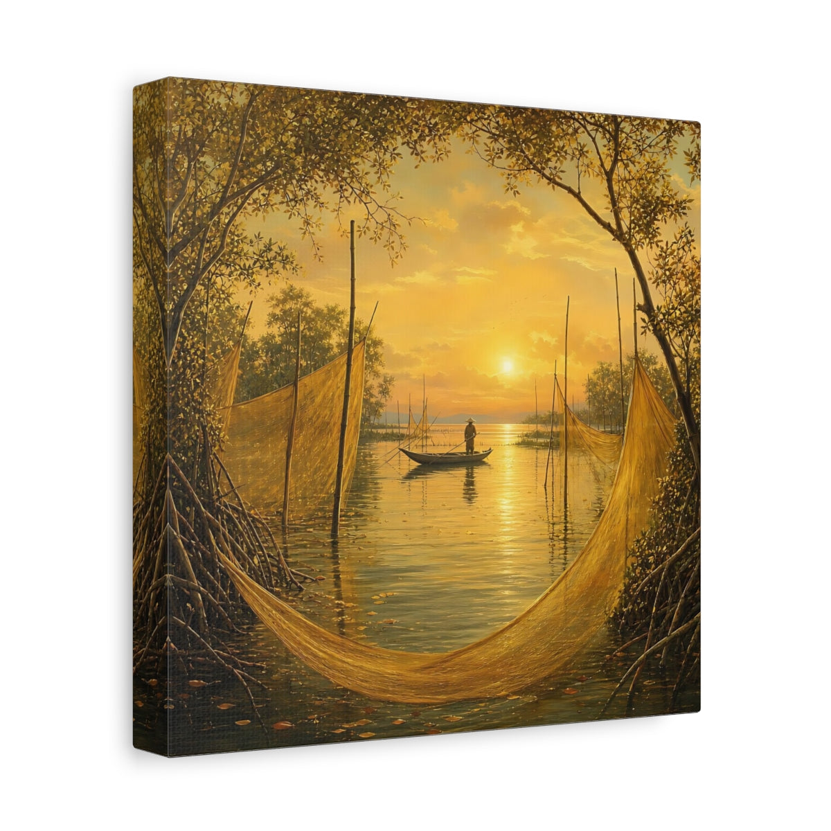 Side Mockup 9. Nature Fisherman Golden Sunset shown as stretched canvas wall art