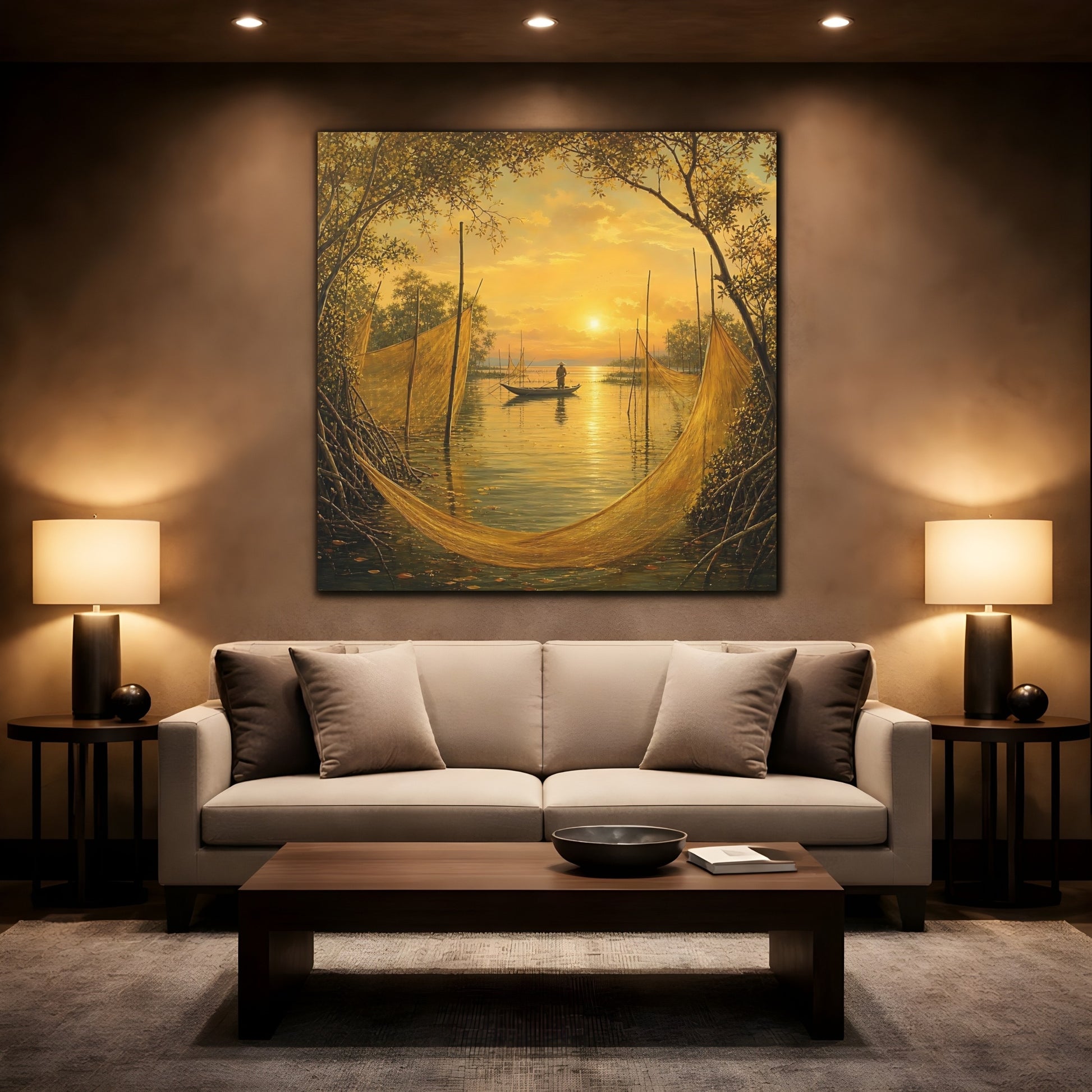 Mockup 2. Nature Fisherman Golden Sunset shown as stretched canvas wall art