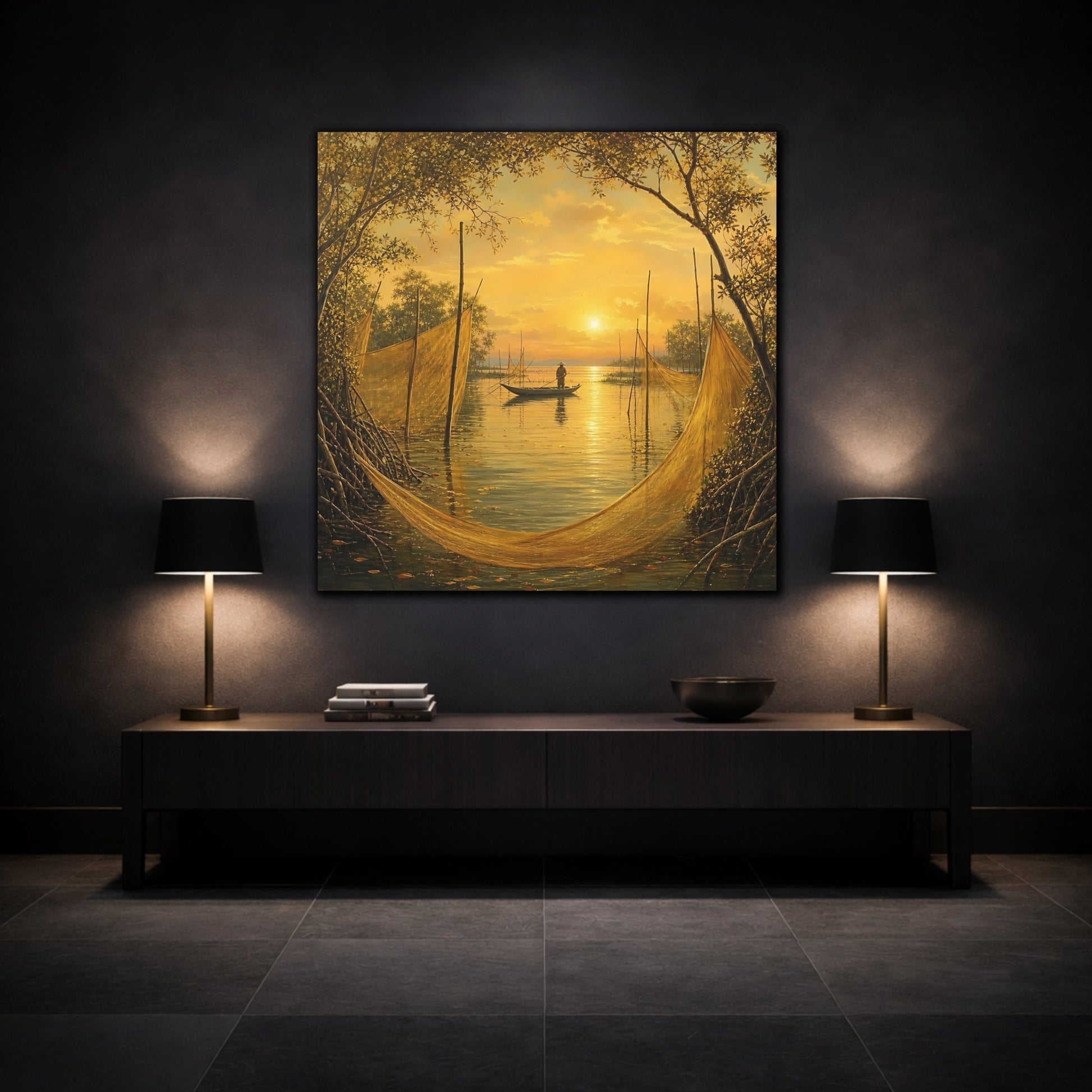 Mockup 3. Nature Fisherman Golden Sunset shown as stretched canvas wall art