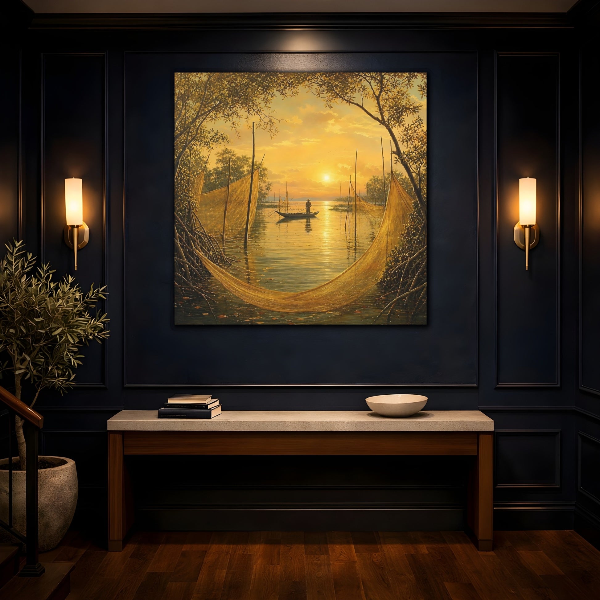 Mockup 4. Nature Fisherman Golden Sunset shown as stretched canvas wall art