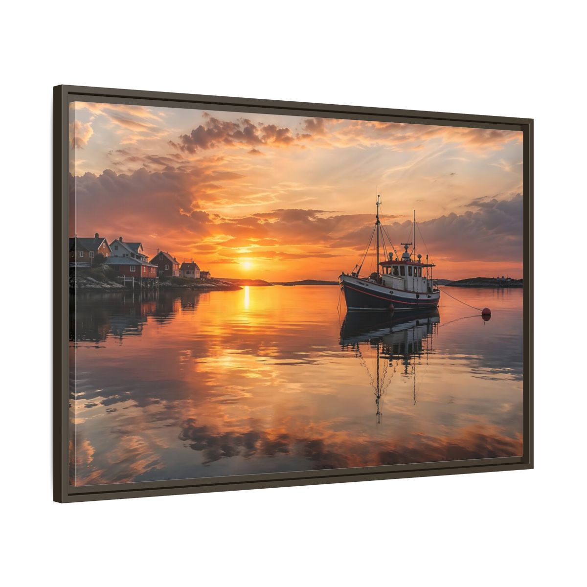Main Mockup. Nature Fishing Boat Orange Sunset Boat shown as stretched canvas wall art