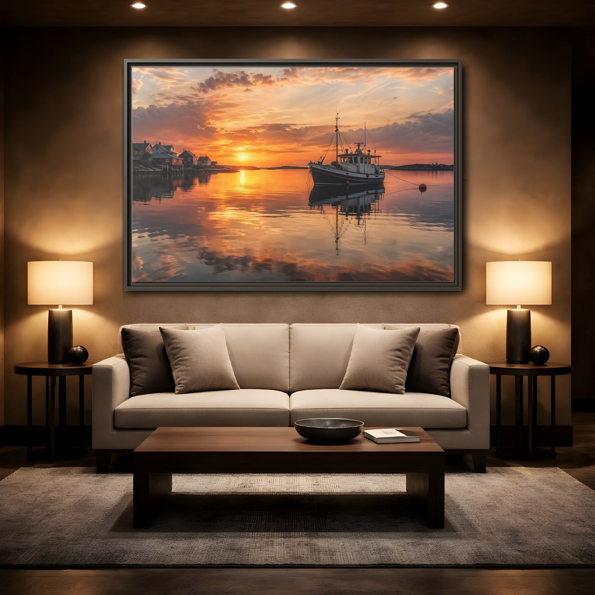 Mockup 2. Nature Fishing Boat Orange Sunset Boat shown as stretched canvas wall art