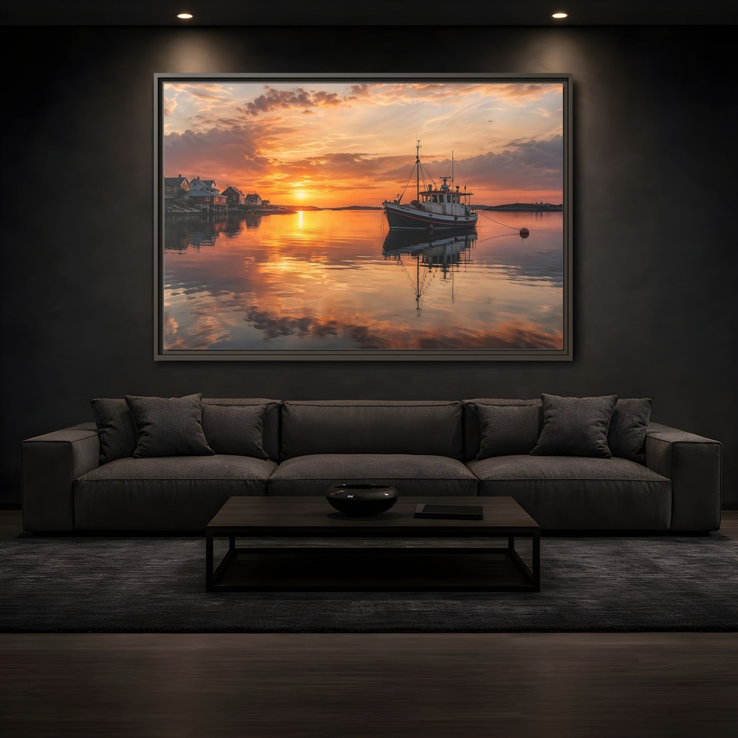 Mockup 3. Nature Fishing Boat Orange Sunset Boat shown as stretched canvas wall art