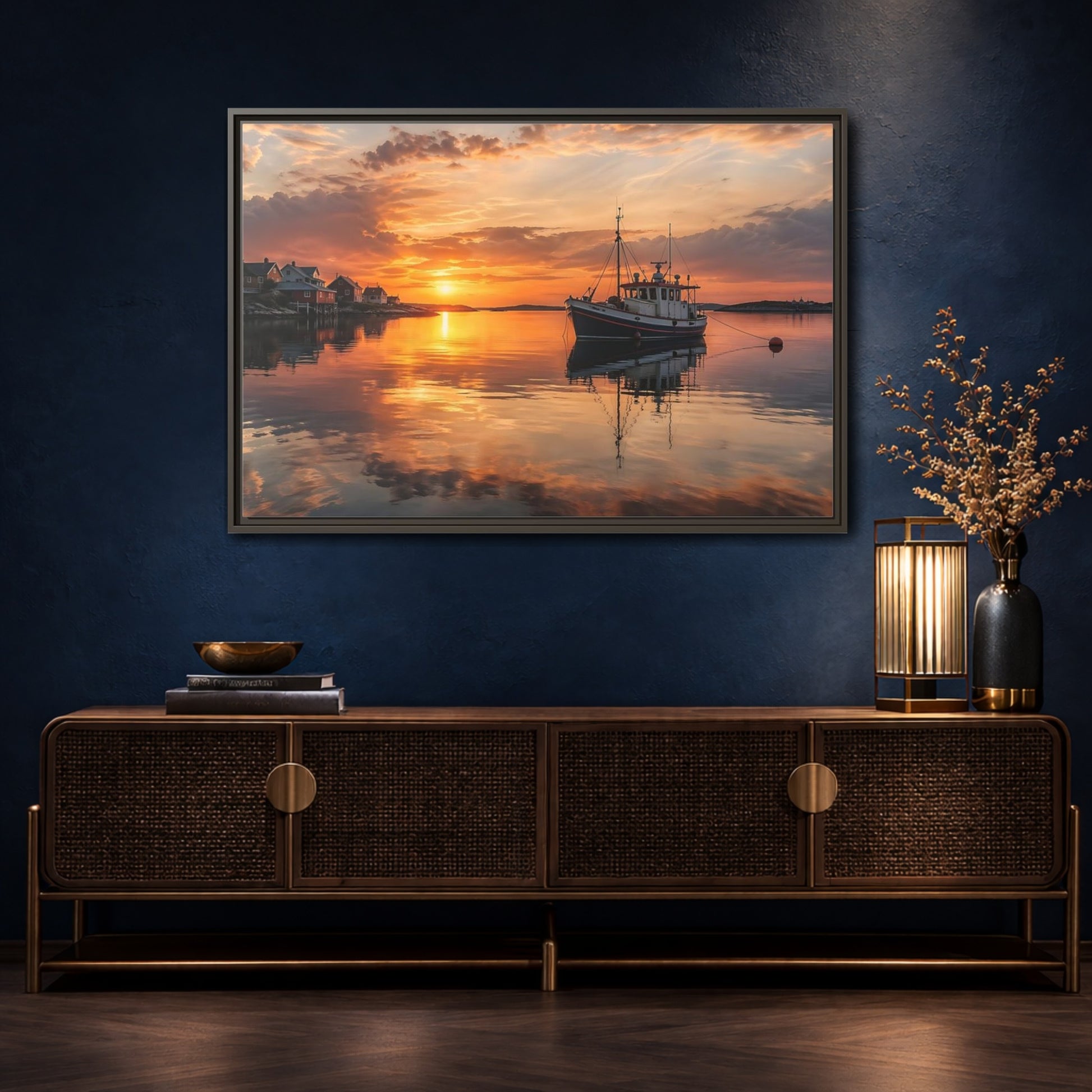 Mockup 4. Nature Fishing Boat Orange Sunset Boat shown as stretched canvas wall art