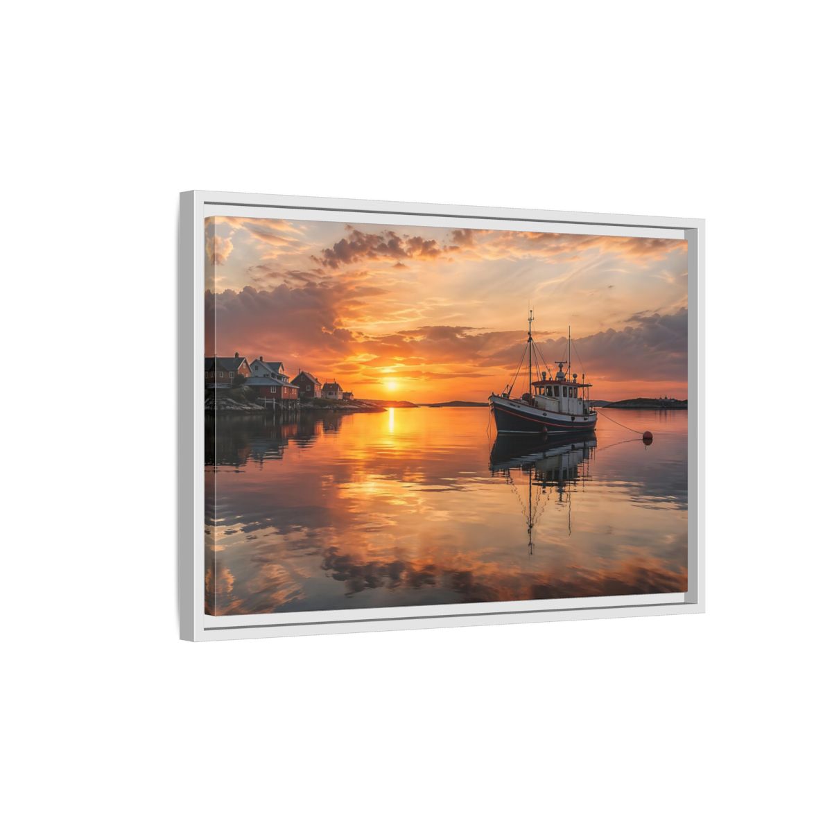 Side Mockup 1. Nature Fishing Boat Orange Sunset Boat shown as stretched canvas wall art