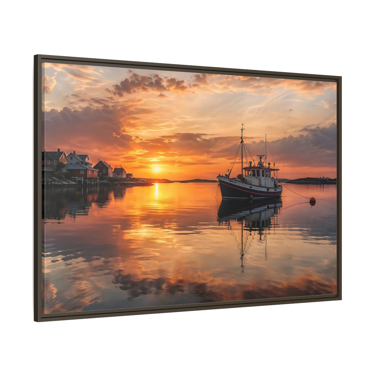 Side Mockup 8. Nature Fishing Boat Orange Sunset Boat shown as stretched canvas wall art