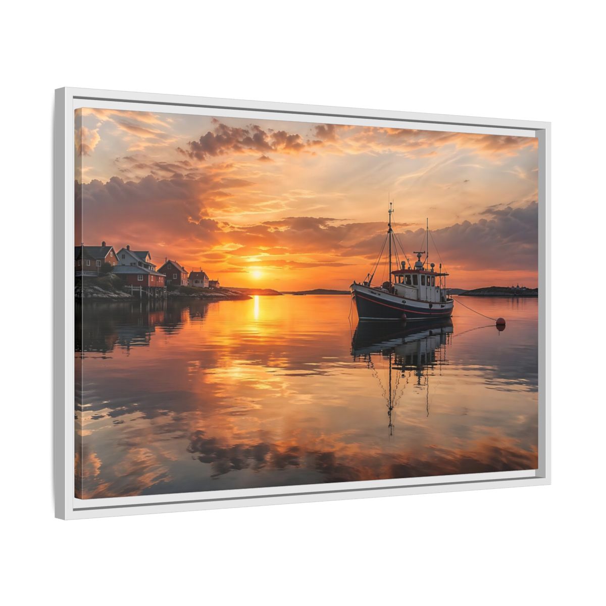 Side Mockup 10. Nature Fishing Boat Orange Sunset Boat shown as stretched canvas wall art