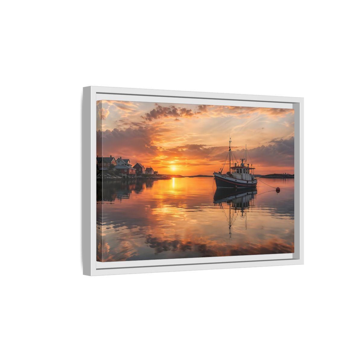 Side Mockup 4. Nature Fishing Boat Orange Sunset Boat shown as stretched canvas wall art