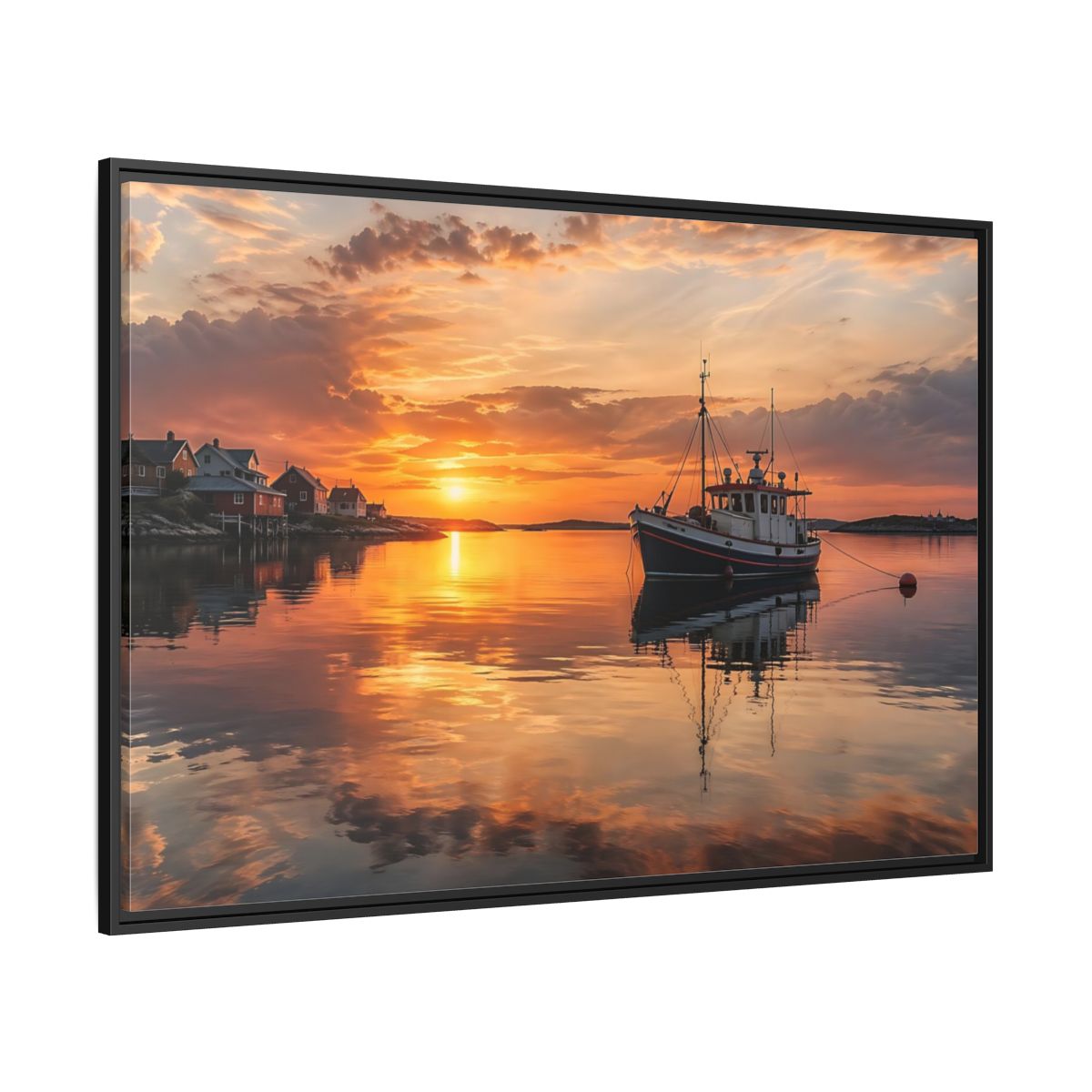 Side Mockup 12. Nature Fishing Boat Orange Sunset Boat shown as stretched canvas wall art