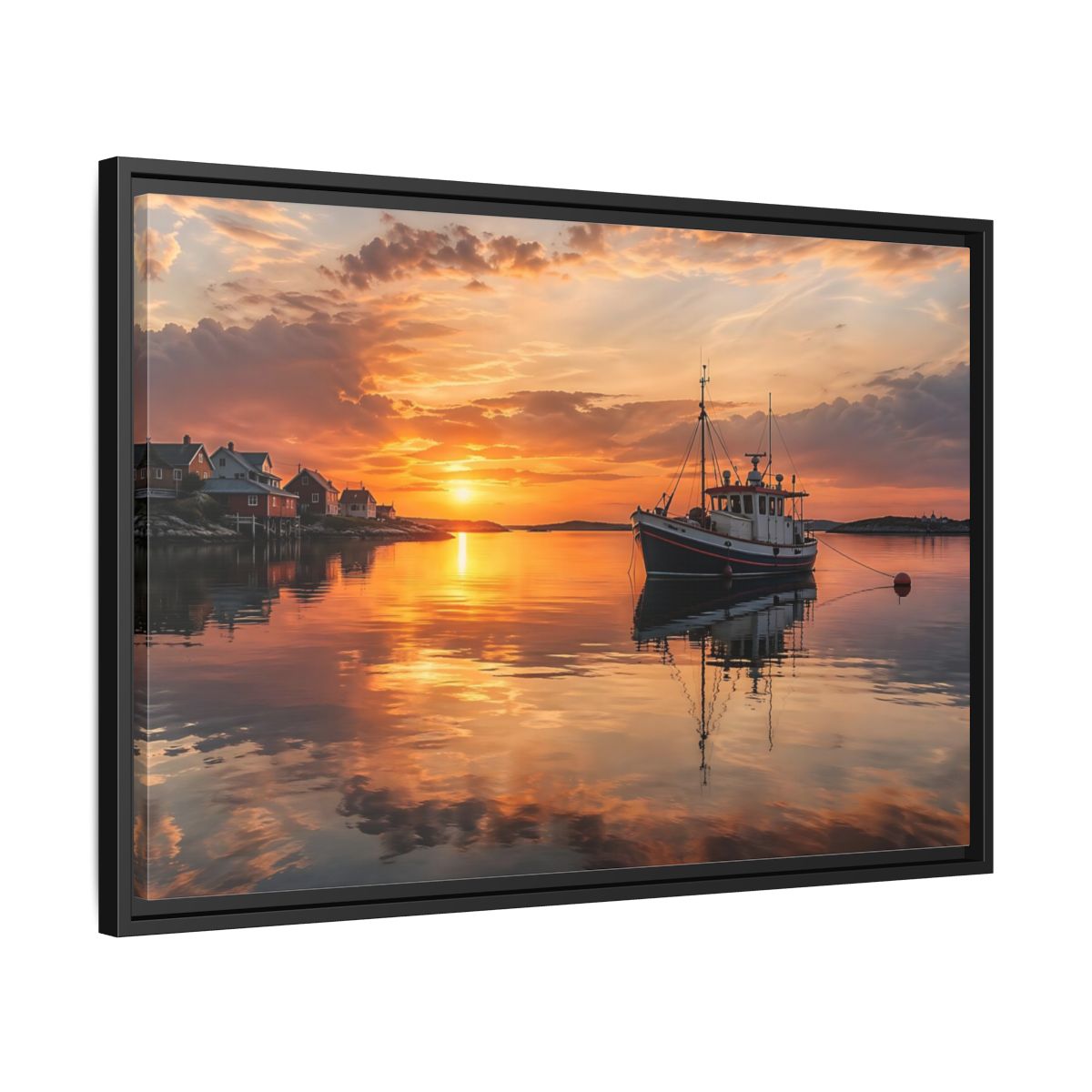 Side Mockup 14. Nature Fishing Boat Orange Sunset Boat shown as stretched canvas wall art