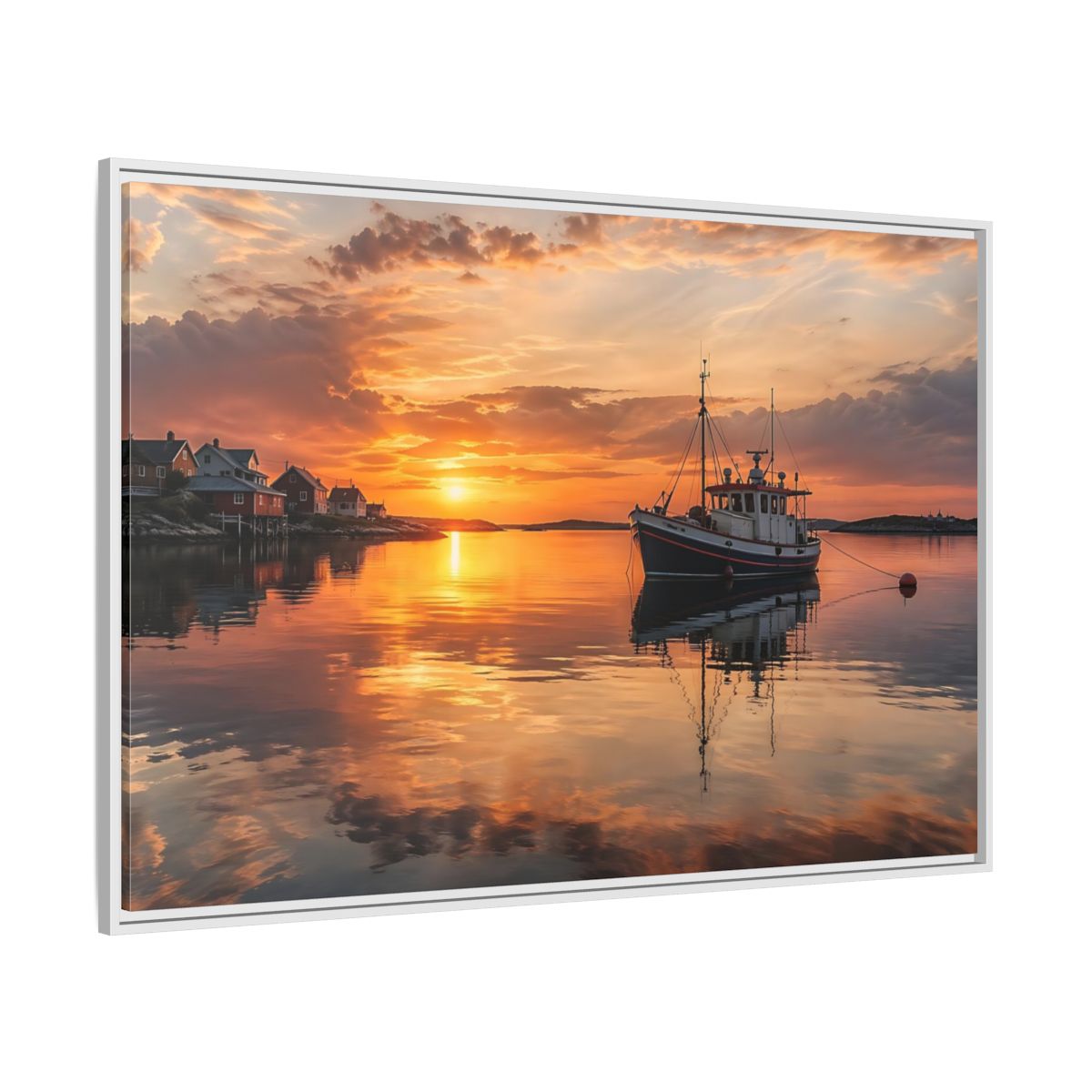 Side Mockup 7. Nature Fishing Boat Orange Sunset Boat shown as stretched canvas wall art