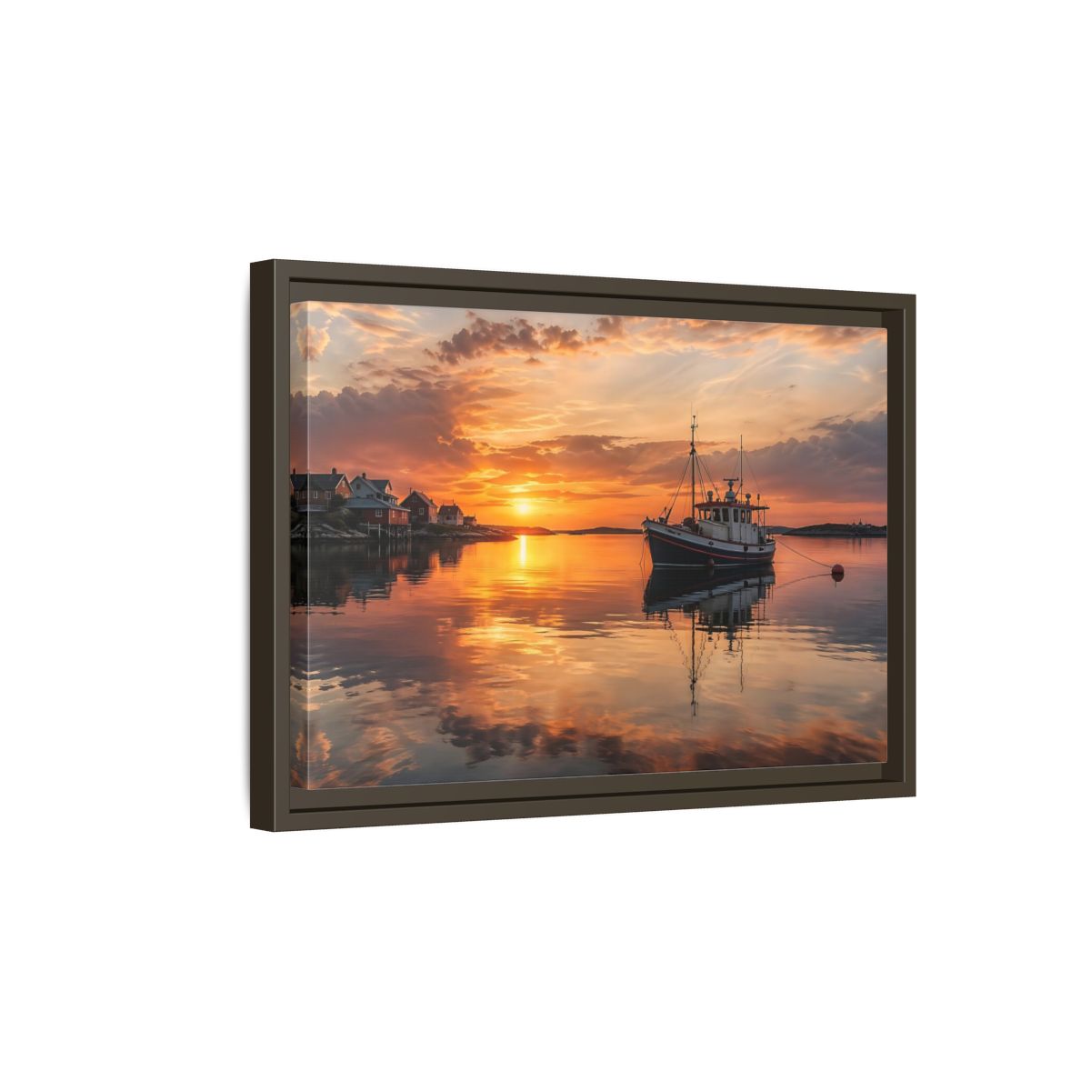 Side Mockup 5. Nature Fishing Boat Orange Sunset Boat shown as stretched canvas wall art