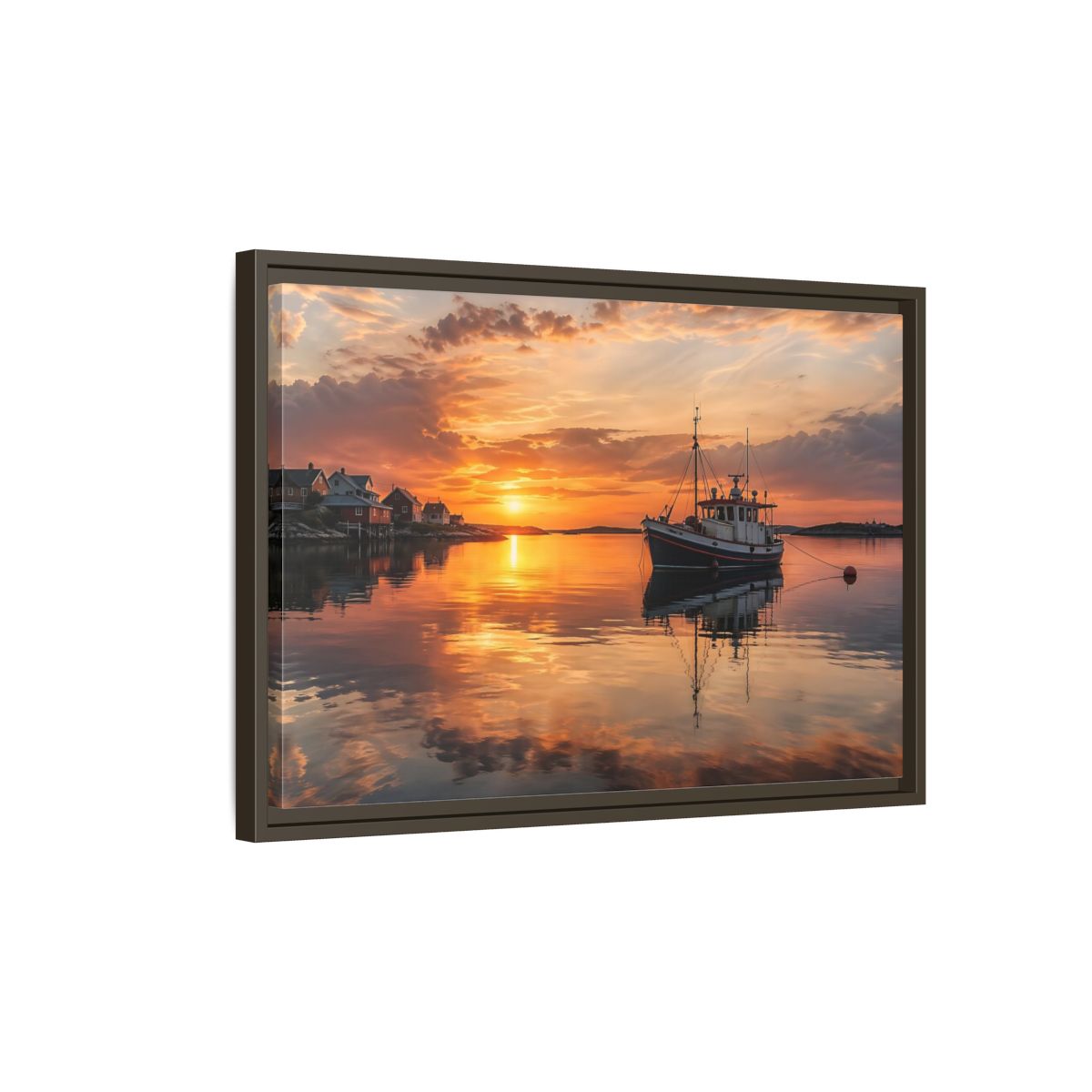 Side Mockup 2. Nature Fishing Boat Orange Sunset Boat shown as stretched canvas wall art