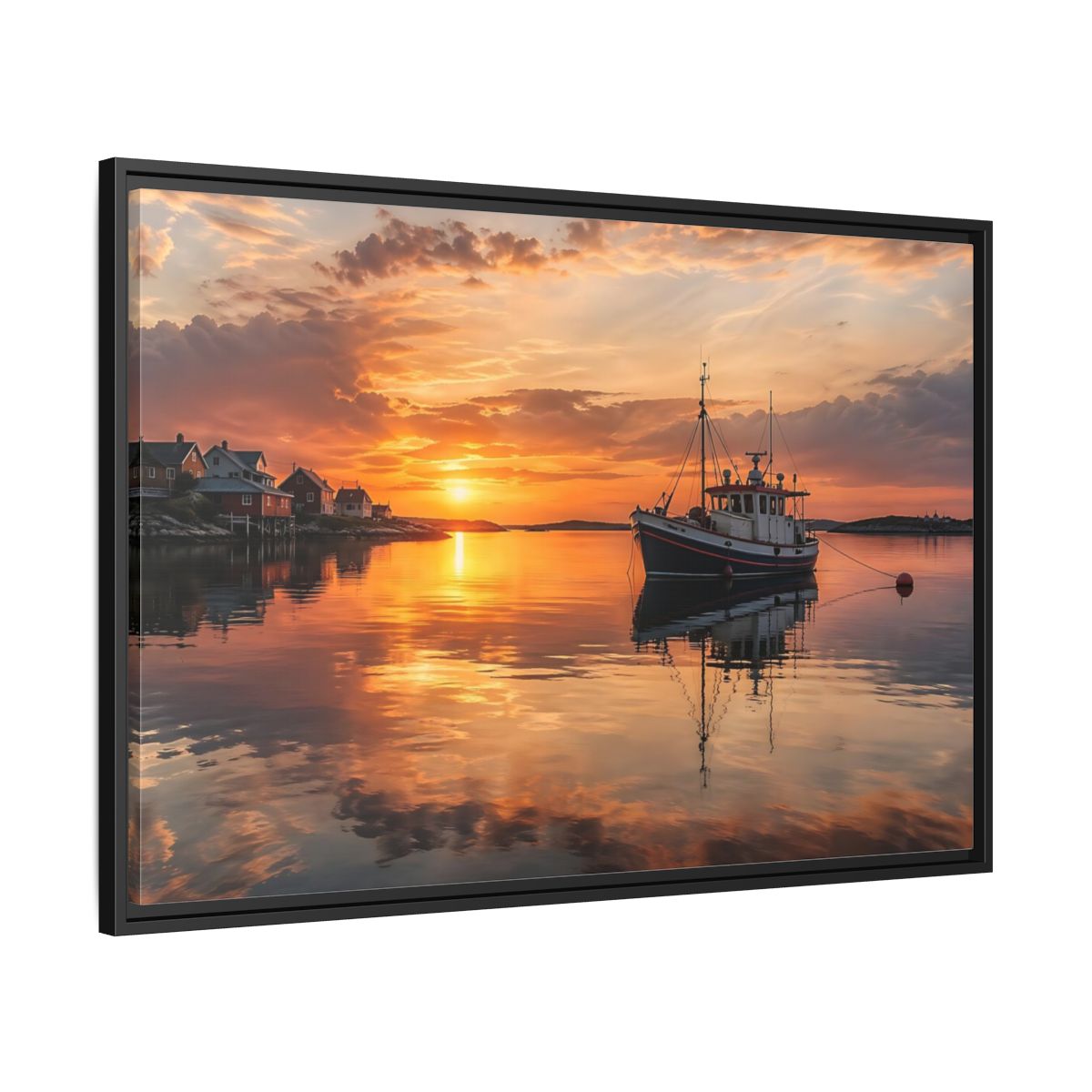 Side Mockup 13. Nature Fishing Boat Orange Sunset Boat shown as stretched canvas wall art