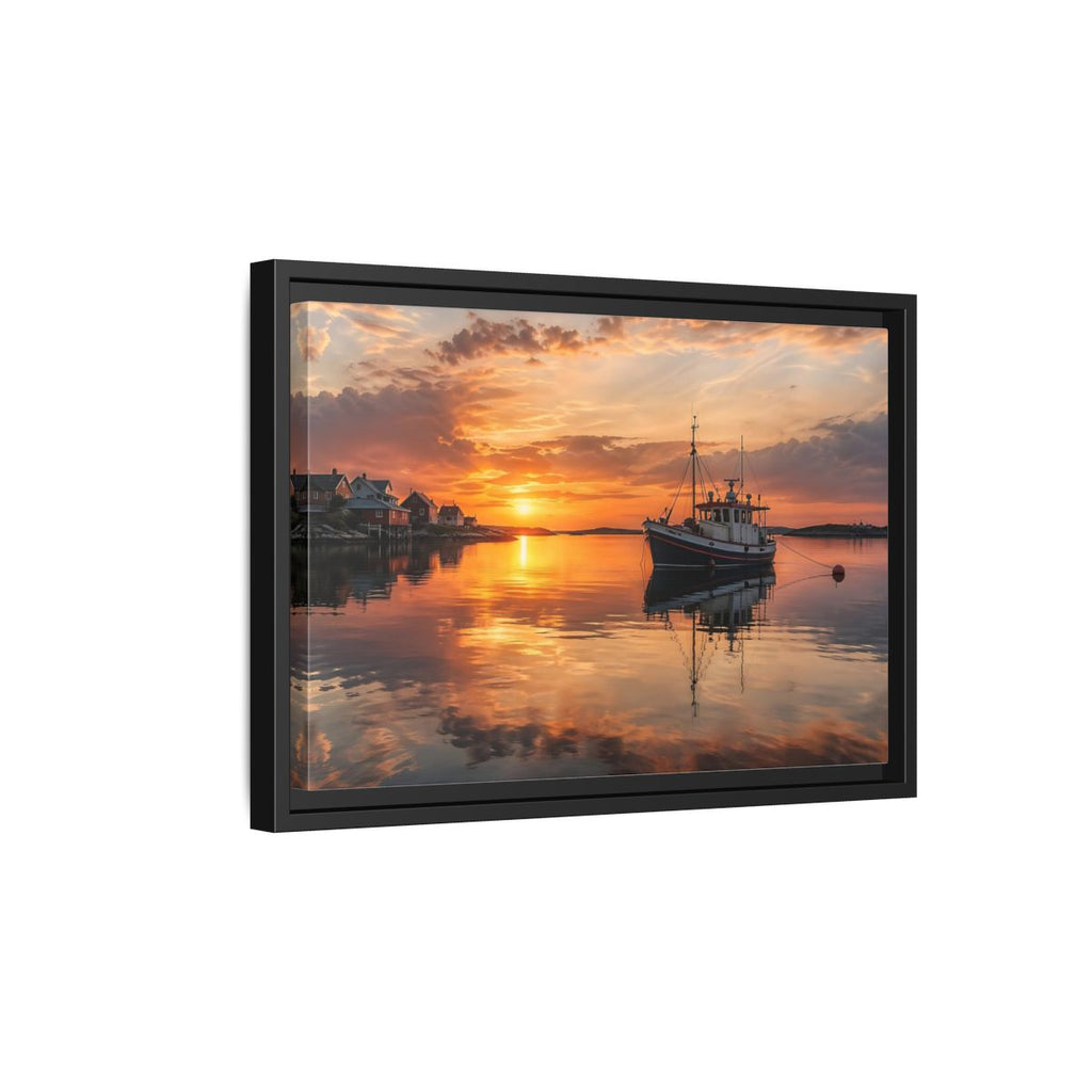 Side Mockup 6. Nature Fishing Boat Orange Sunset Boat shown as stretched canvas wall art