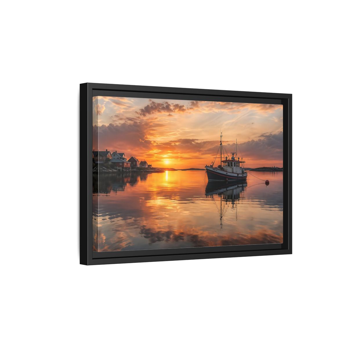 Side Mockup 6. Nature Fishing Boat Orange Sunset Boat shown as stretched canvas wall art