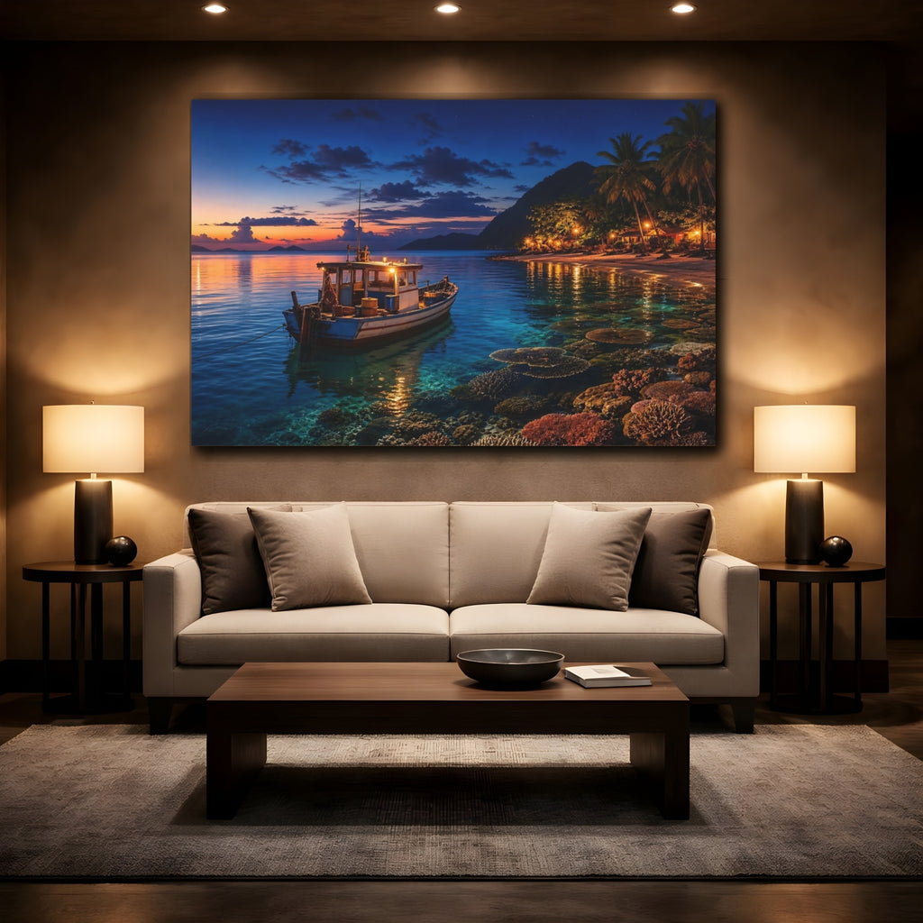 Mockup 2. Nature Fishing Boat Tropical Night Boat shown as stretched canvas wall art