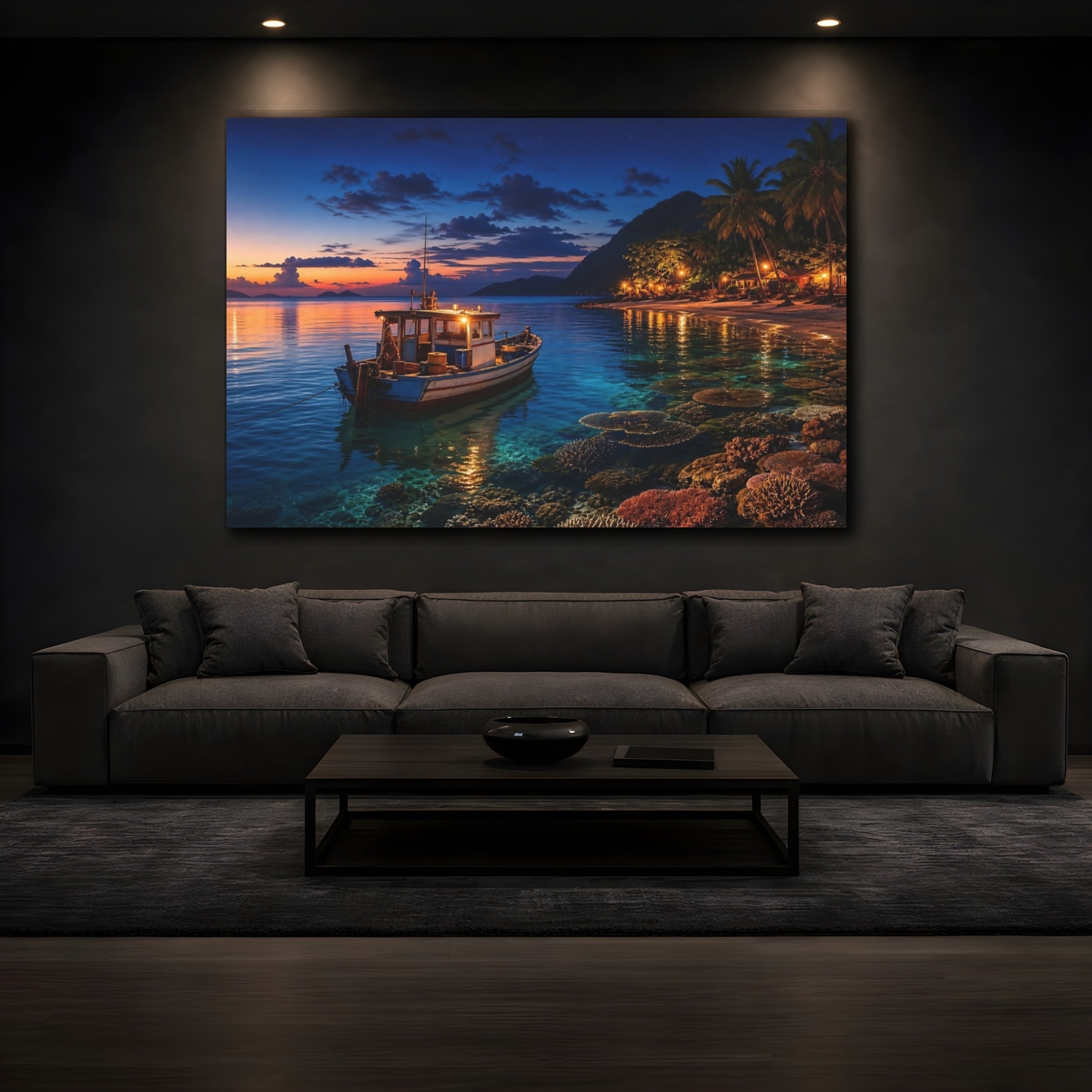 Mockup 3. Nature Fishing Boat Tropical Night Boat shown as stretched canvas wall art