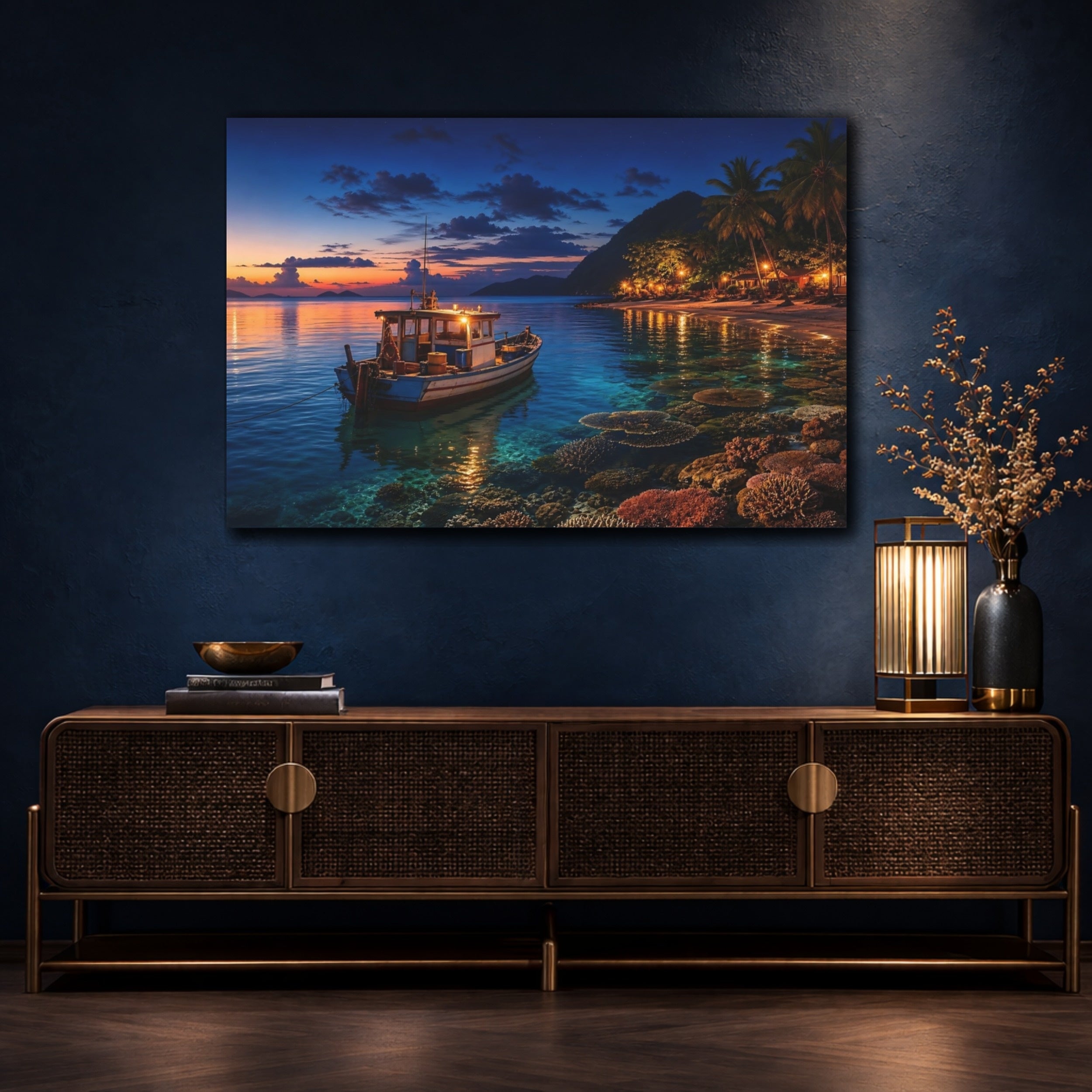 Mockup 4. Nature Fishing Boat Tropical Night Boat shown as stretched canvas wall art