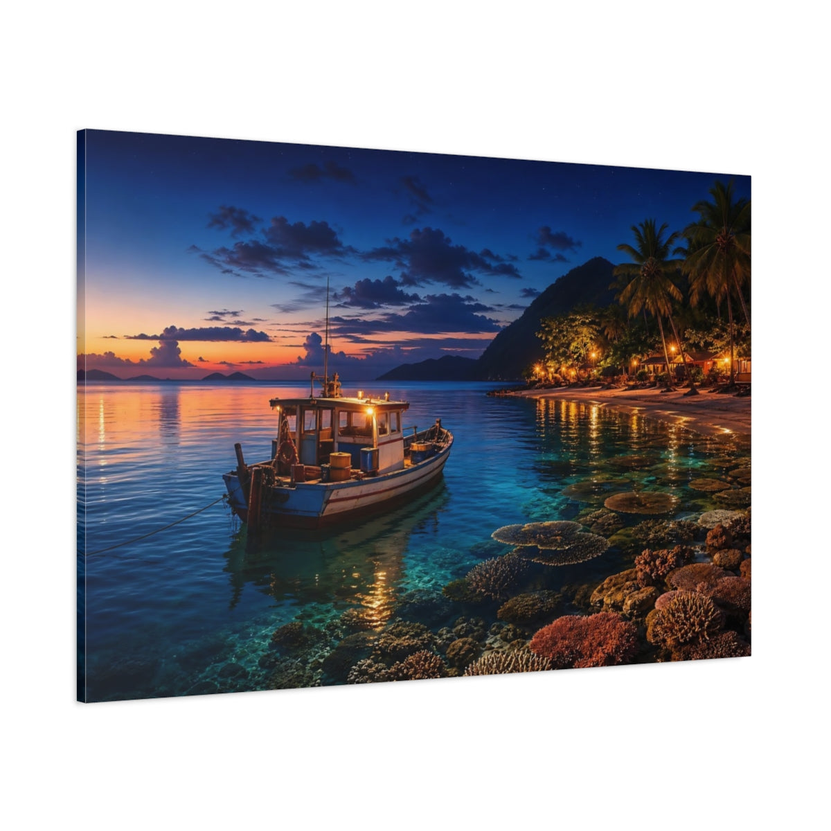 Side Mockup 1. Nature Fishing Boat Tropical Night Boat shown as stretched canvas wall art