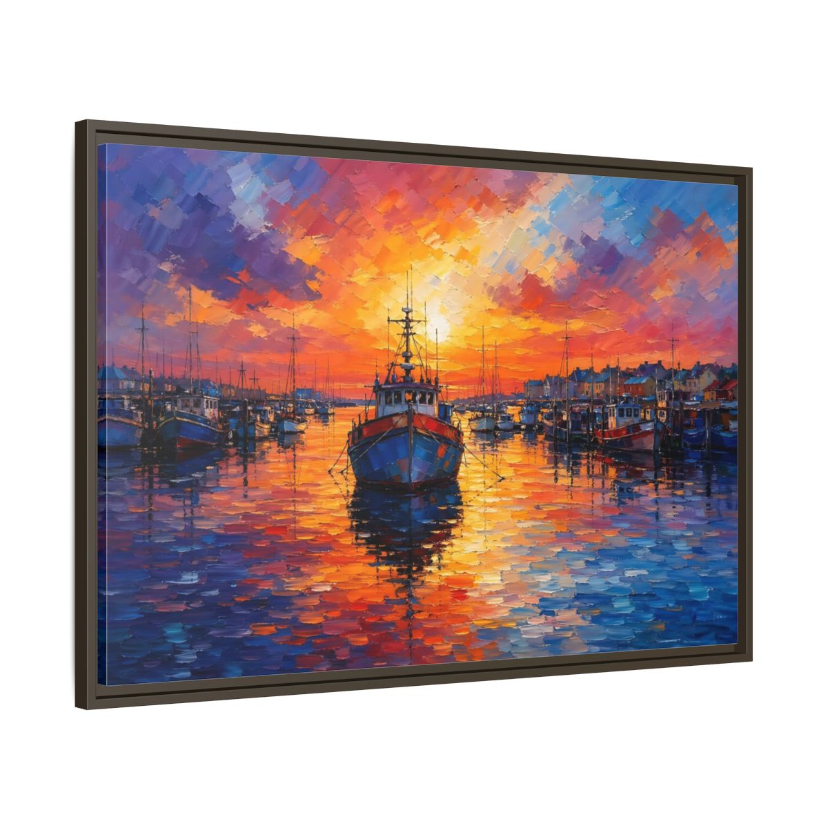 Main Mockup. Nature Fishing Boat Vibrant Harbor Sunset shown as stretched canvas wall art