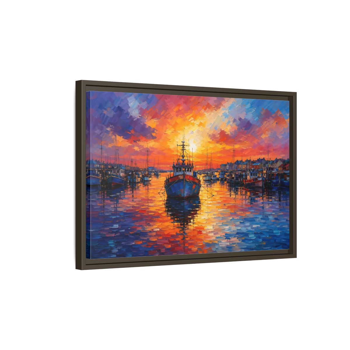 Side Mockup 2. Nature Fishing Boat Vibrant Harbor Sunset shown as stretched canvas wall art