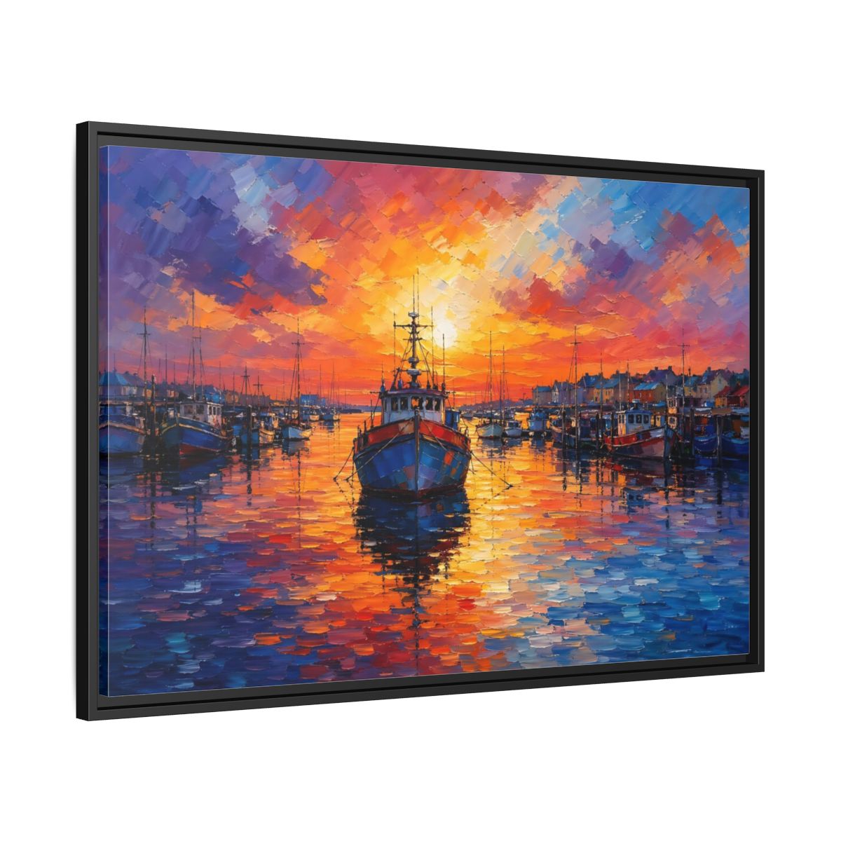 Side Mockup 13. Nature Fishing Boat Vibrant Harbor Sunset shown as stretched canvas wall art