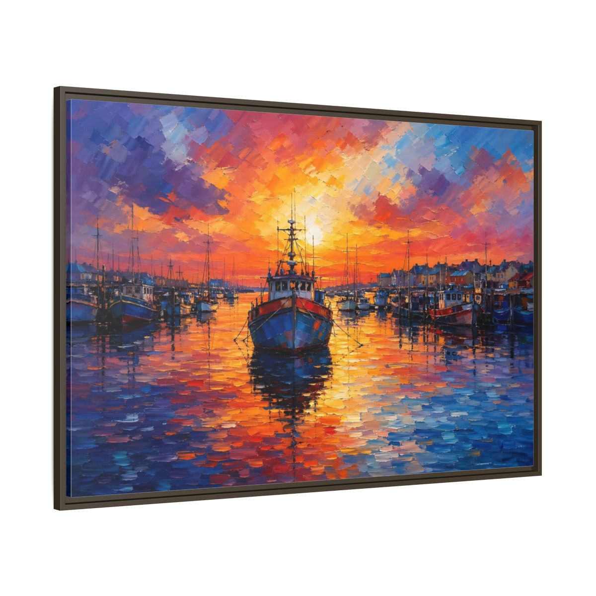 Side Mockup 8. Nature Fishing Boat Vibrant Harbor Sunset shown as stretched canvas wall art