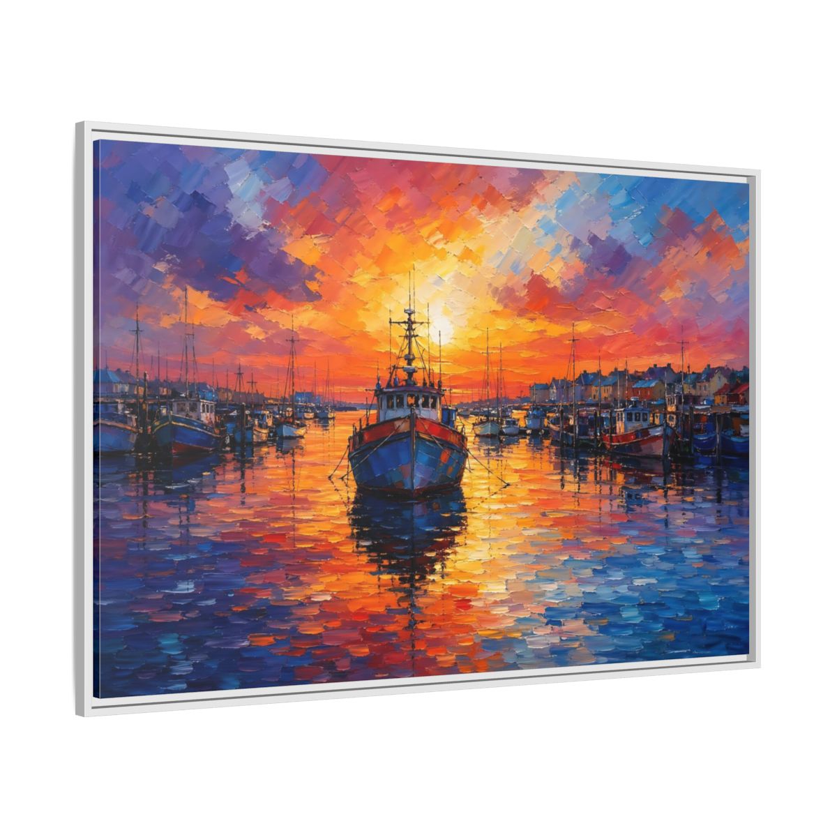 Side Mockup 7. Nature Fishing Boat Vibrant Harbor Sunset shown as stretched canvas wall art