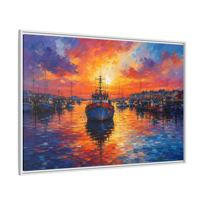 Side Mockup 7. Nature Fishing Boat Vibrant Harbor Sunset shown as stretched canvas wall art