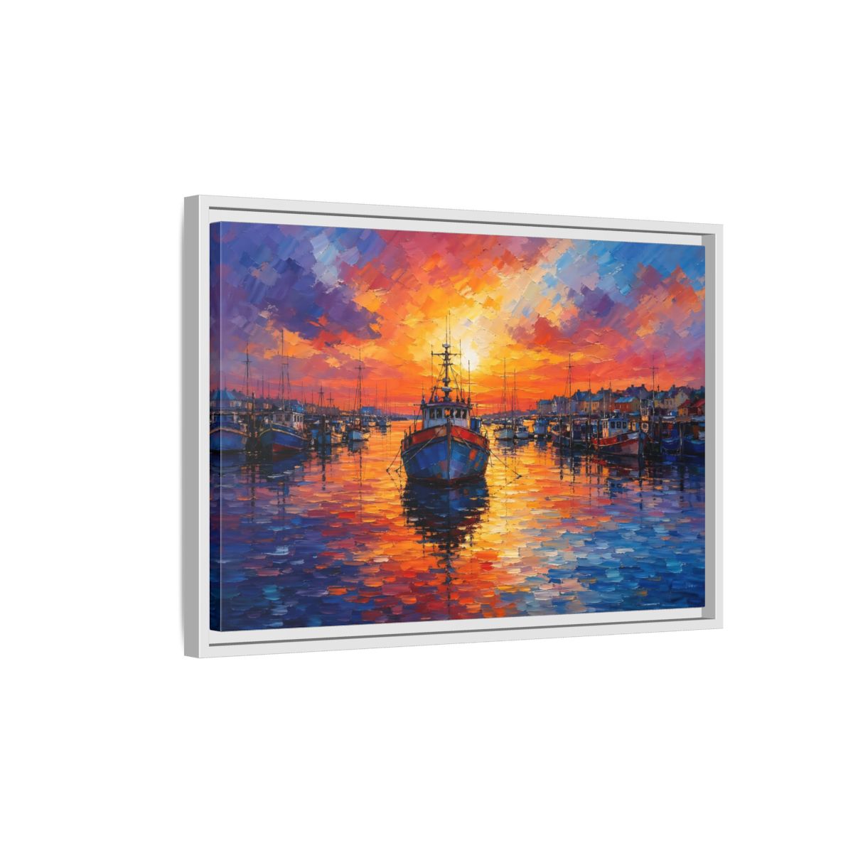 Side Mockup 1. Nature Fishing Boat Vibrant Harbor Sunset shown as stretched canvas wall art