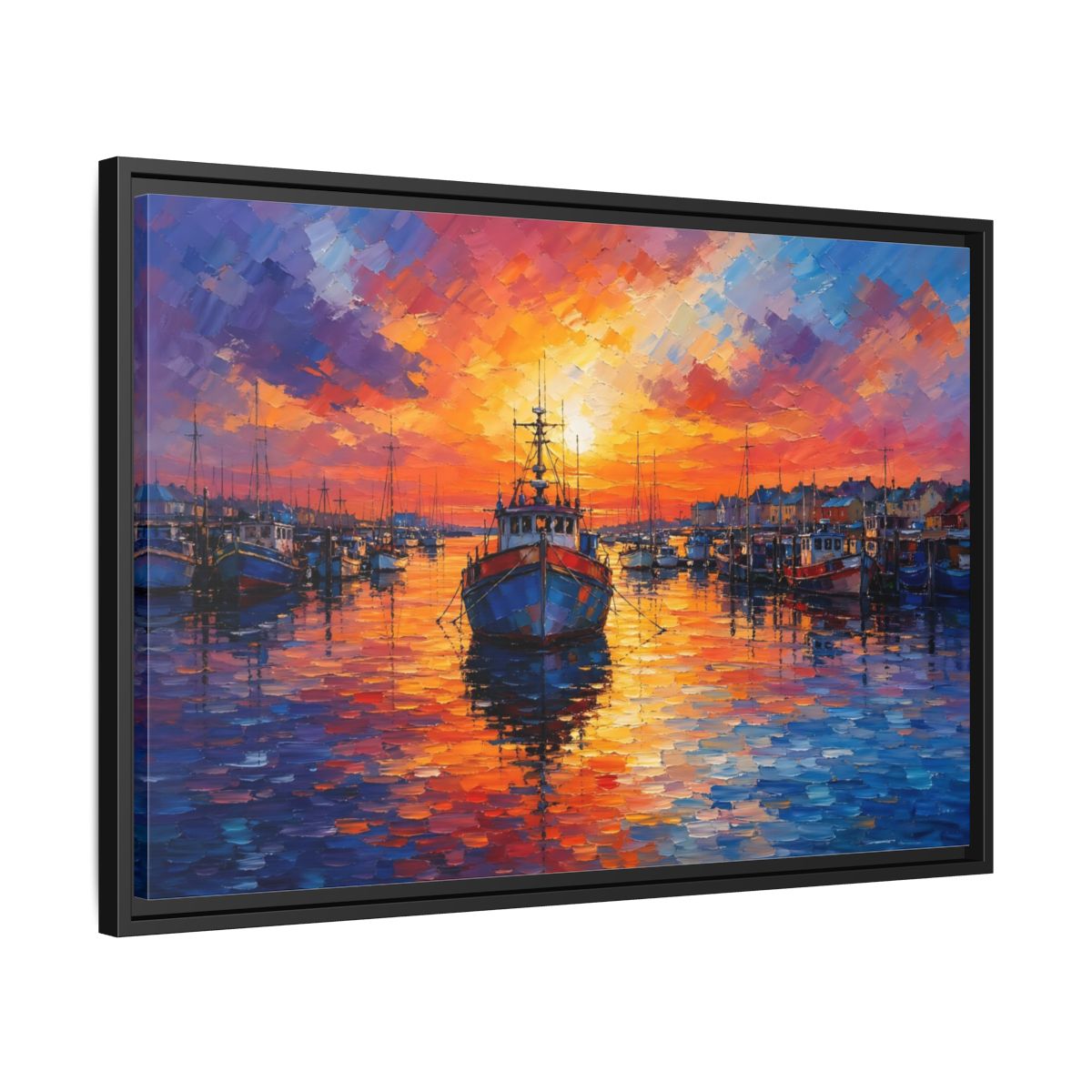 Side Mockup 14. Nature Fishing Boat Vibrant Harbor Sunset shown as stretched canvas wall art