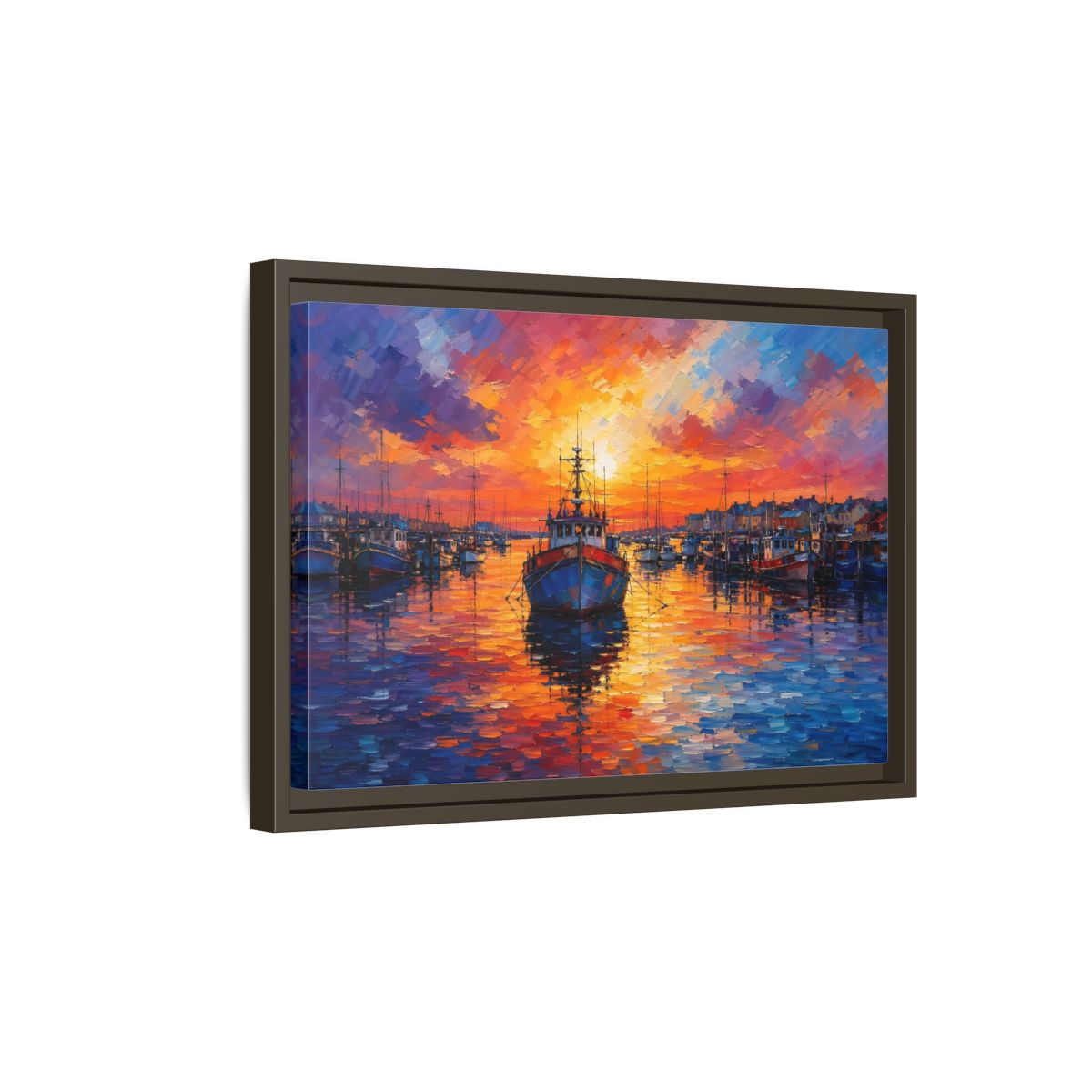 Side Mockup 5. Nature Fishing Boat Vibrant Harbor Sunset shown as stretched canvas wall art