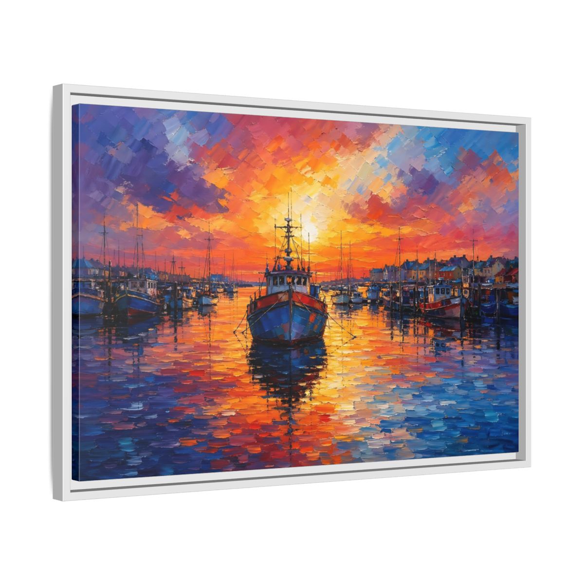 Side Mockup 10. Nature Fishing Boat Vibrant Harbor Sunset shown as stretched canvas wall art