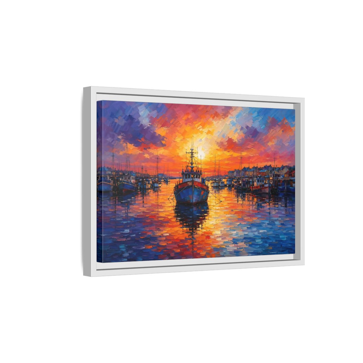 Side Mockup 4. Nature Fishing Boat Vibrant Harbor Sunset shown as stretched canvas wall art