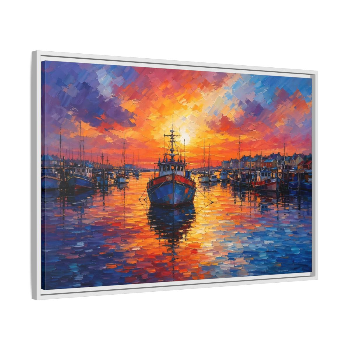 Side Mockup 9. Nature Fishing Boat Vibrant Harbor Sunset shown as stretched canvas wall art