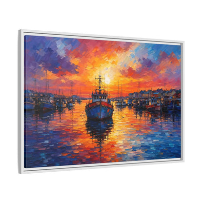 Side Mockup 9. Nature Fishing Boat Vibrant Harbor Sunset shown as stretched canvas wall art
